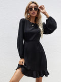 BLACK RUFFLED LONG-SLEEVED DRESS