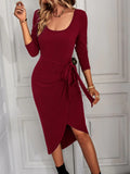 SQUARE NECK KNITTED LONG SLEEVE DRESS