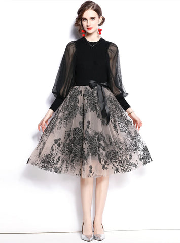 BLACK MESH STITCHING LONG SLEEVE DRESS