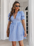 PLAID DEEP V-NECK BUBBLE SLEEVE A-LINE DRESS