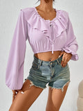 LOTUS LEAF COLLAR BUBBLE SLEEVE SHIRT