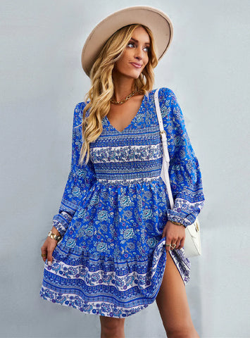 BOHEMIAN CASUAL LONG SLEEVE PRINT DRESS