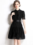 LACE STITCHING SINGLE-BREASTED STAND-UP DRESS