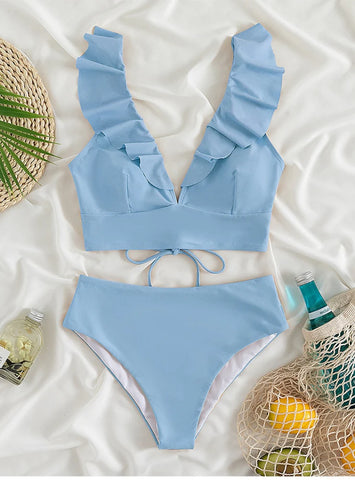 SEXY RUFFLED V-NECK HIGH WAIST BIKINI