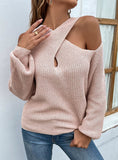 SOLID COLOR CROSS-NECK LANTERN SLEEVE SWEATER