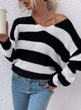 V-NECK STRIPED STITCHING WAFFLE SWEATER
