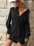 CARDIGAN LAPEL LONG SLEEVE KNOTTED SHIRT DRESS