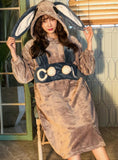 BROWN RABBIT LONG SLEEVE HOODED KOREAN FLANNEL BATHROBE