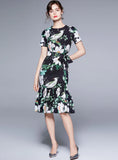 ROUND NECK SHORT SLEEVE FLOWER BIRD PRINT DRESS