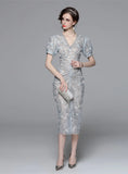 LIGHT BLUE V-NECK FLOWER EMBROIDERY PLEATED DRESS