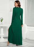 V-NECK LONG SLEEVE SLIT SLIM DRESS