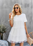MESH STITCHING ROUND NECK SOLID COLOR DRESS