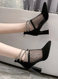 MESH POINTED THICK HEEL HOLLOW HIGH HEEL COOL BOOTS