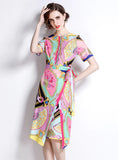 PRINTED SLIM WAIST SHORT SLEEVE DRESS