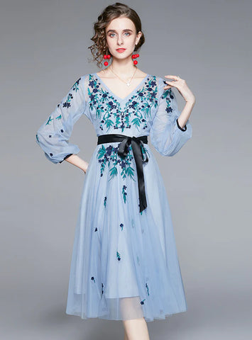 BLUE GAUZE EMBROIDERED TULLE DRESS