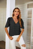 V-NECK PUFF SLEEVE WOOL BALL CHIFFON TOP