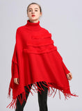 HIGH NECKED BAT SLEEVE FRINGED TURTLENECK CLOAK