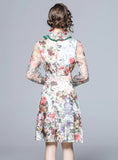 RETRO STAND COLLAR GAUZE WOODEN EAR FLORAL DRESS