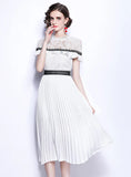 WHITE LACE WAIST SLIM PLEATS DRESS