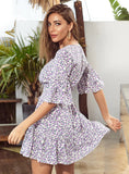 FLORAL TRUMPET SLEEVE RUFFLED STRAP DRESS