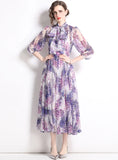BOW TIE COLLAR LONG SLEEVE WAIST FLORAL CHIFFON DRESS