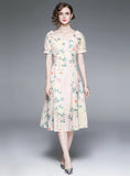 HOLLOW LACE EMBROIDERED WAIST PRINT DRESS