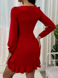 SQUARE NECK PUFF SLEEVE LONG SLEEVE RUFFLED DRESS