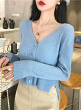 SHORT LONG SLEEVES BREASTED SOLID COLOR KNIT CARDIGAN
