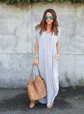 WOMEN'S POCKET LONG DRESS SHORT SLEEVE SPLIT MAXI DRESSES