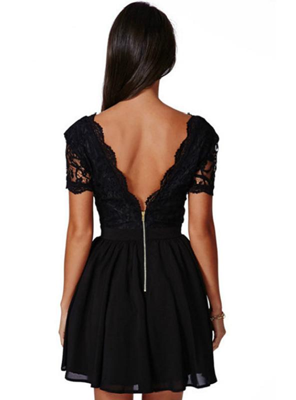 LACE V-NECK SEXY WOMEN MINI DRESS BACKLESS – Ncocon