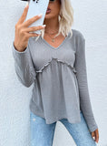 V-NECK RUFFLED STITCHING PLEATED KNITTED SWEATER