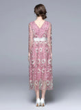 V-NECK GAUZE EMBROIDERED FLOWER LONG SLEEVE DRESS