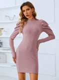 SOLID COLOR BUBBLE SLEEVE DRESS