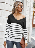V-NECK STRIPED COLOR MATCHING SWEATER