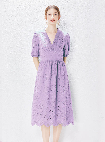 V-NECK OPENWORK LACE DRESS
