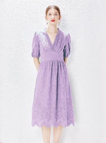 V-NECK OPENWORK LACE DRESS