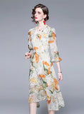 V-NECK CHIFFON PRINT LONG SLEEVE DRESS