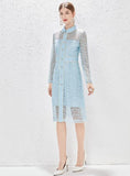 BLUE LONG SLEEVE HEAVY-DUTY LACE DRESS