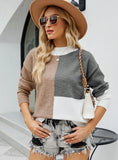 COLORED ROUND NECK TRICOLOR LOOSE PULLOVER SWEATER