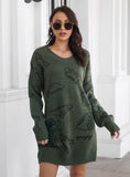 DINOSAUR JACQUARD V-NECK LONG SLEEVE SWEATER DRESS