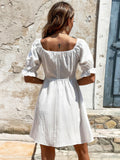 SQUARE NECK BUBBLE SLEEVE SHORT SLEEVE DRESS