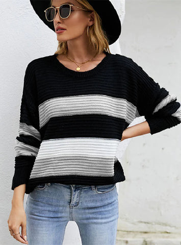 ROUND NECK STRIPED PULLOVER LONG SLEEVE SWEATER