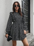 RUFFLED WOOD EAR COLLAR LONG SLEEVE PRINTED DRESS