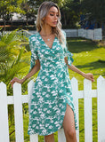 FLOWER IRREGULAR BOW SHORT SLEEVE DRESS