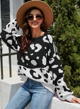 LEOPARD PRINT STITCHING CREW NECK PULLOVER SWEATER