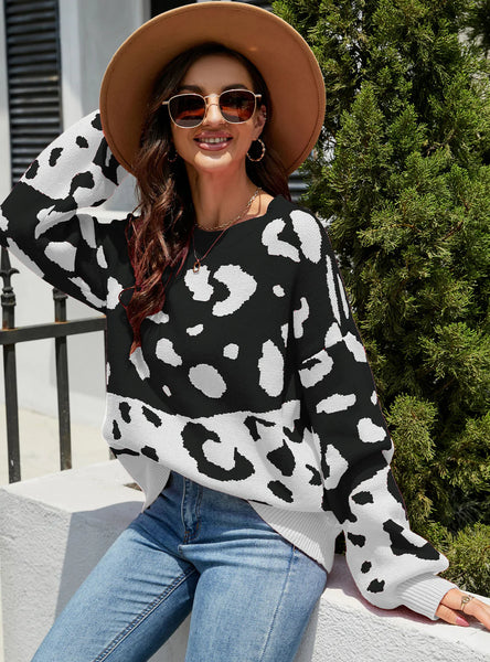 LEOPARD PRINT STITCHING CREW NECK PULLOVER SWEATER