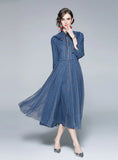 RETRO LONG SLEEVE MESH SEQUINED DENIM BLUE DRESS
