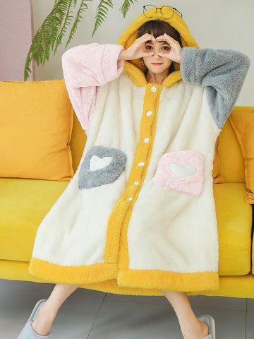 FOUR-COLOR GRID LOVE CORAL VELVET ROBE WOMEN'S PADDED WARM