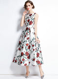 A-LINE ROSE PRINTED SLEEVELESS DRESS
