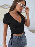 DEEP V SLIM KNIT SHORT SLEEVE T-SHIRT TOP